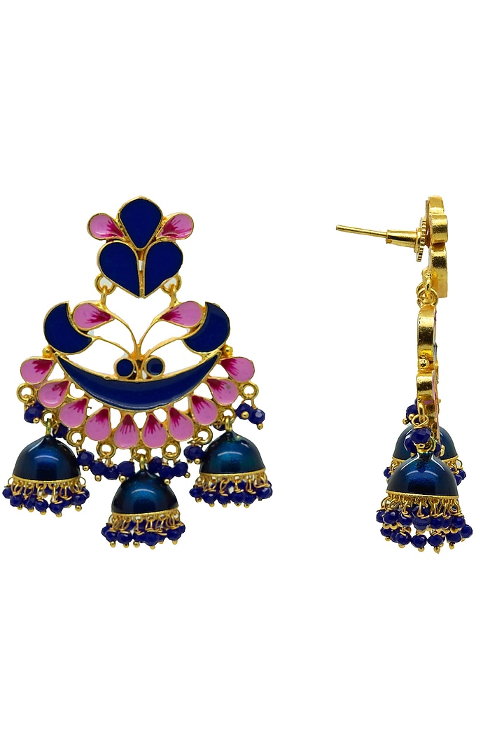 Gold Finish Royal Blue & Pink Synthetic Stone Jhumka Earrings by Johori at Pernia's Pop Up Shop