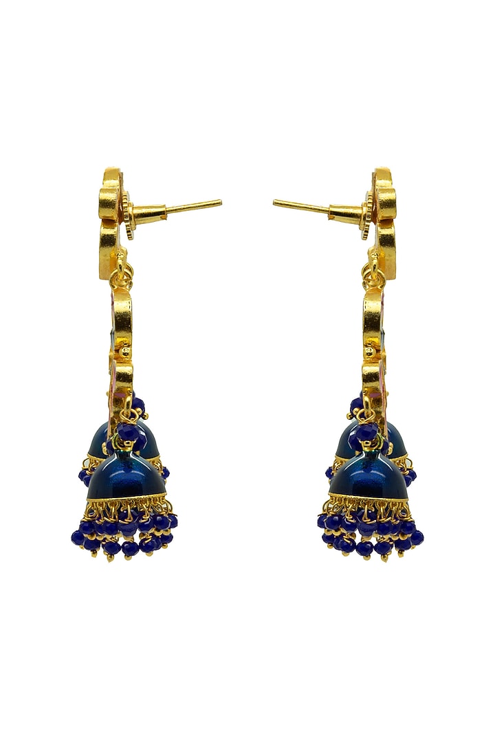 Gold Finish Royal Blue & Pink Synthetic Stone Jhumka Earrings by Johori at Pernia's Pop Up Shop