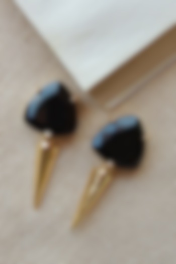 Gold Finish Black Synthetic Stone Stud Earrings by Johori at Pernia's Pop Up Shop