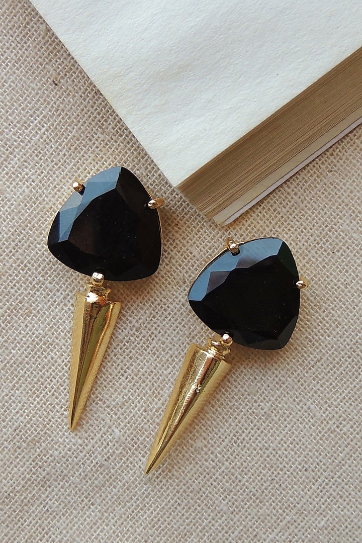 Gold Finish Black Synthetic Stone Stud Earrings by Johori at Pernia's Pop Up Shop