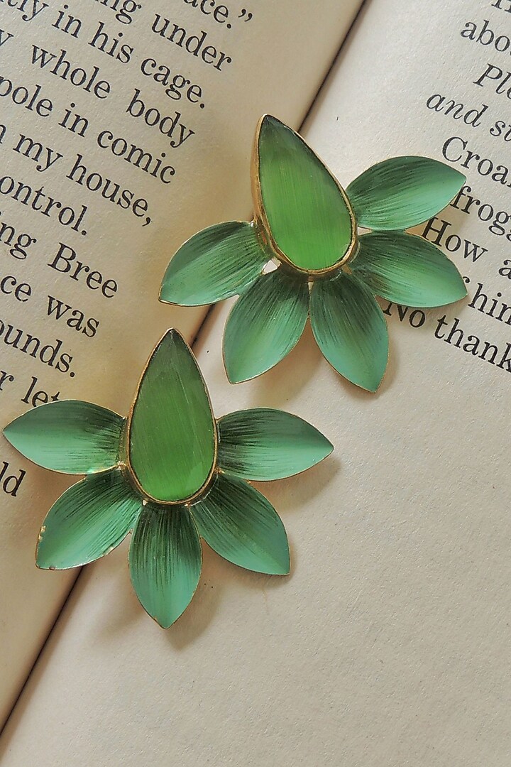 Gold Finish Green Stone Enameled Stud Earrings by Johori at Pernia's Pop Up Shop
