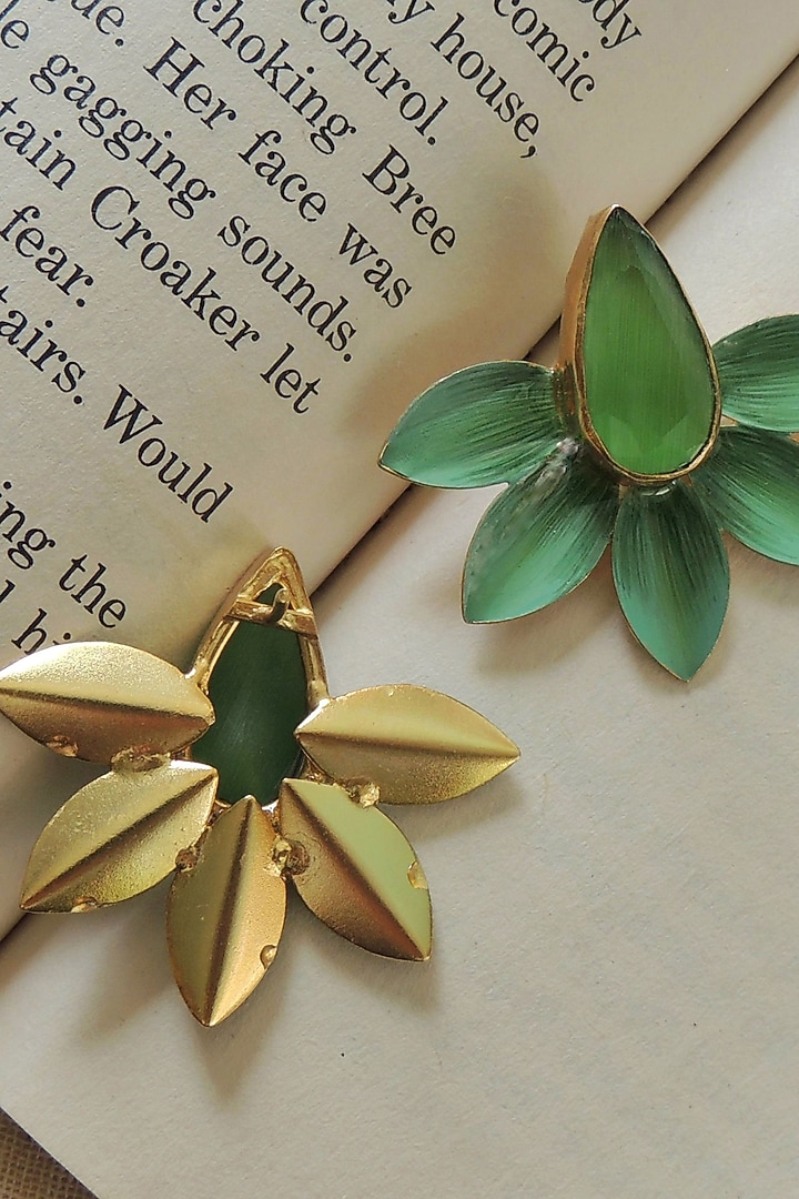 Gold Finish Green Stone Enameled Stud Earrings by Johori at Pernia's Pop Up Shop