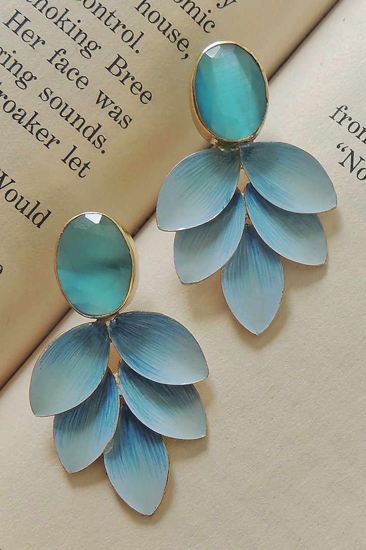 Gold Finish Blue Stone Enameled Stud Earrings by Johori at Pernia's Pop Up Shop