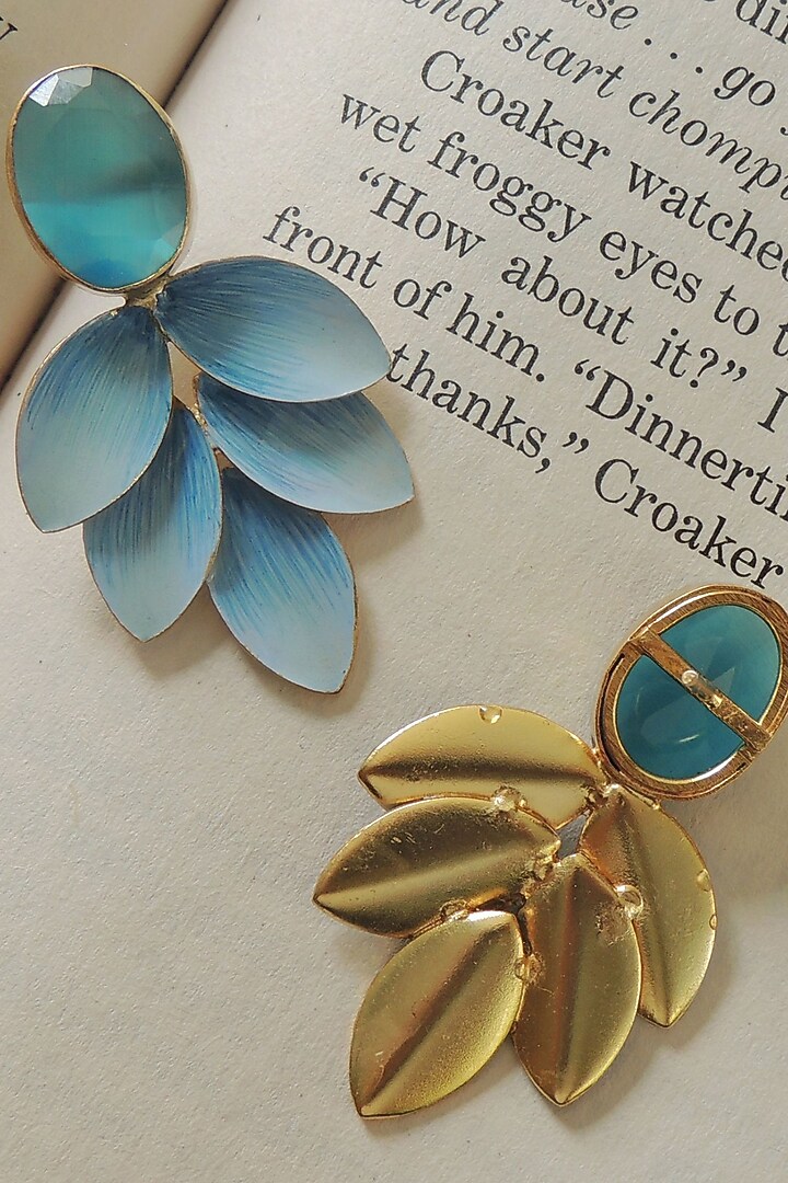 Gold Finish Blue Stone Enameled Stud Earrings by Johori at Pernia's Pop Up Shop