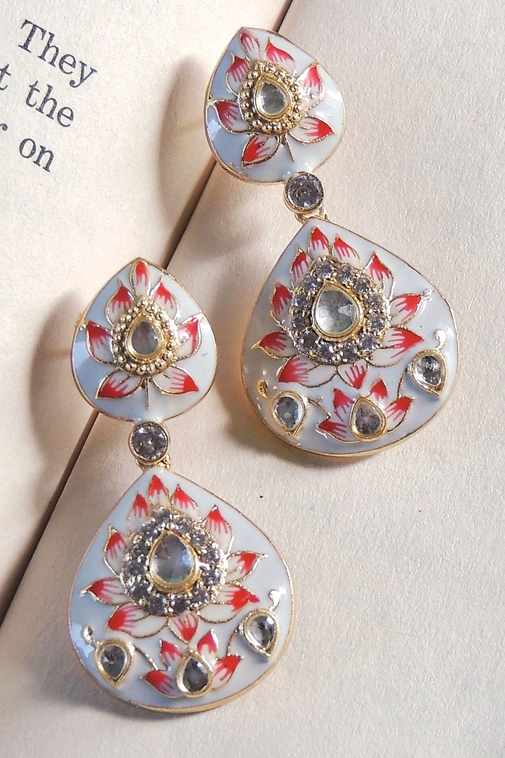 Gold Finish Double Paan Lotus Meenakari Stud Earrings by Johori at Pernia's Pop Up Shop