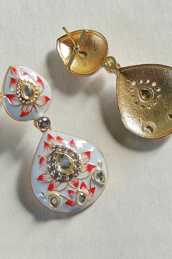 Gold Finish Double Paan Lotus Meenakari Stud Earrings by Johori at Pernia's Pop Up Shop