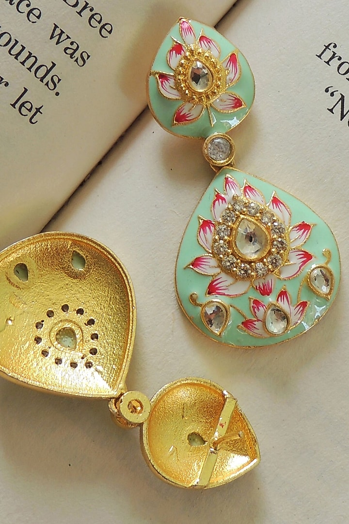 Gold Finish Double Paan Lotus Meenakari Stud Earrings by Johori at Pernia's Pop Up Shop