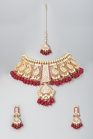 Gold Finish Kundan Polki Choker Necklace Set by Johori