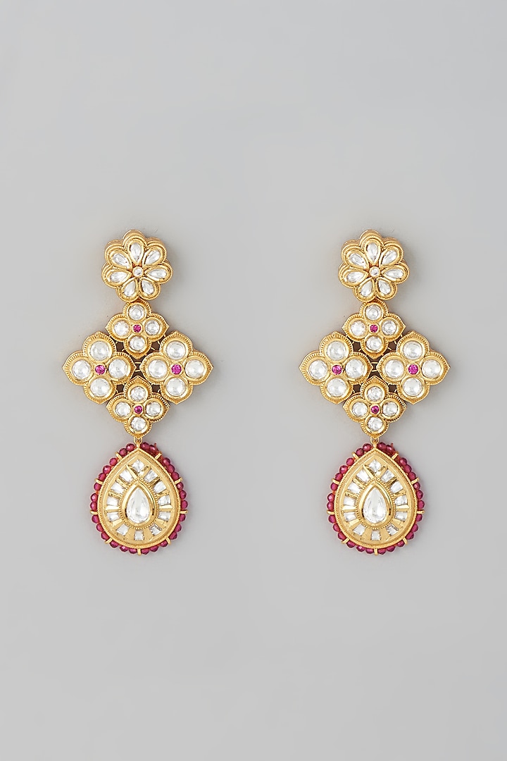 Gold Finish Kundan Polki & Ruby Beaded Dangler Earrings by Johori