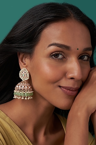 Gold Finish Kundan Polki & Mint Beaded Jhumka Earrings by Johori