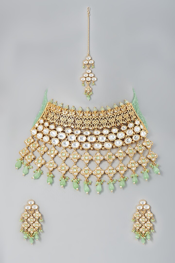 Gold Finish Kundan Polki & Mint Beaded Choker Necklace Set by Johori