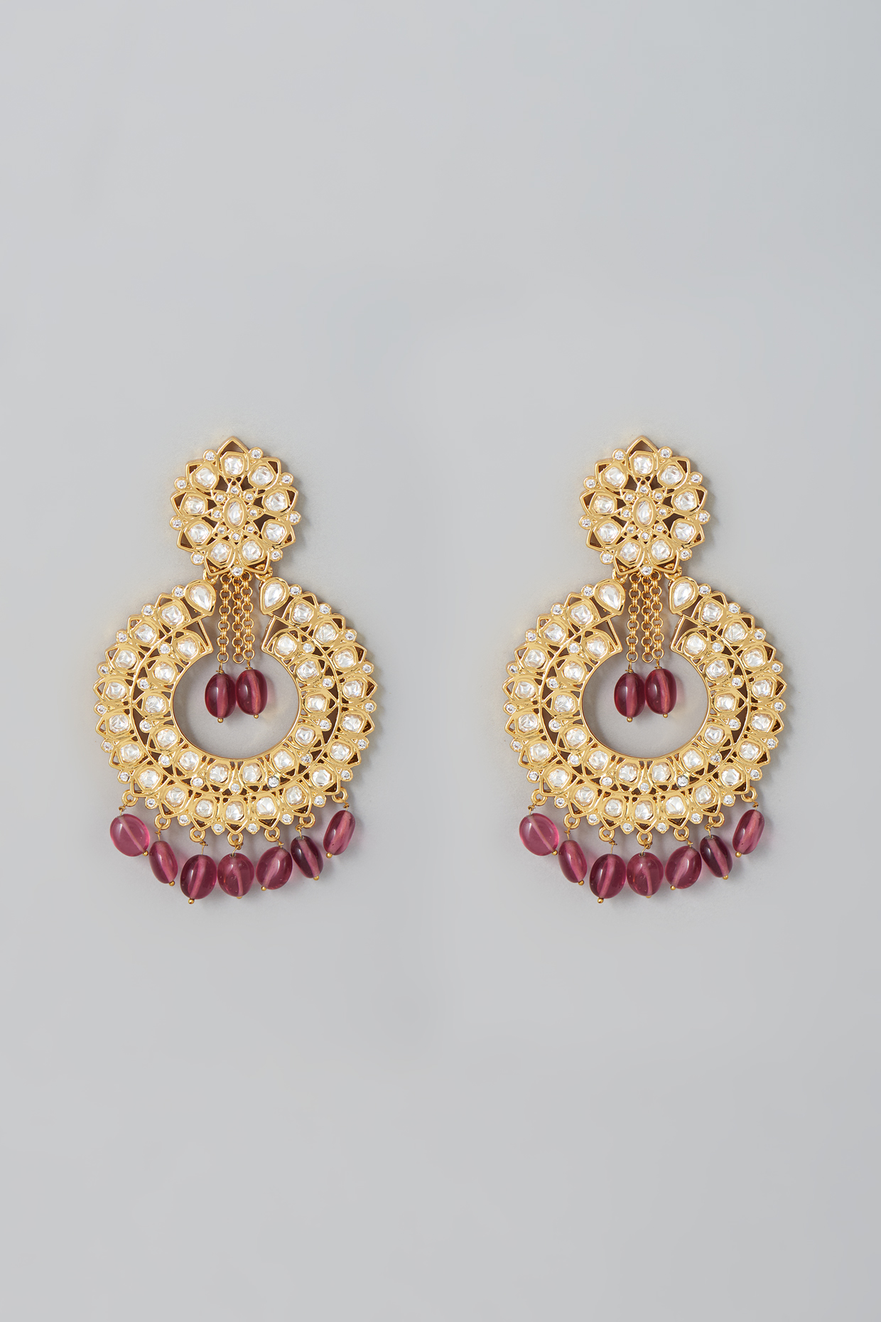 Gold Finish Kundan Polki Chandbaali Earrings by Johori