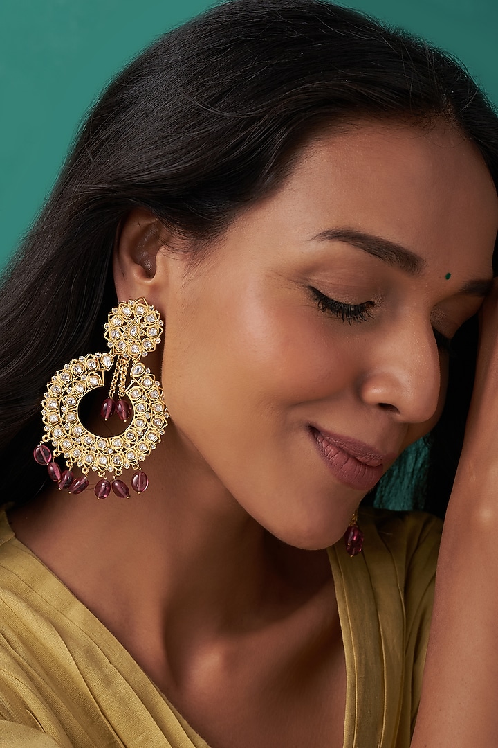 Gold Finish Kundan Polki Chandbaali Earrings by Johori at Pernia's Pop Up Shop