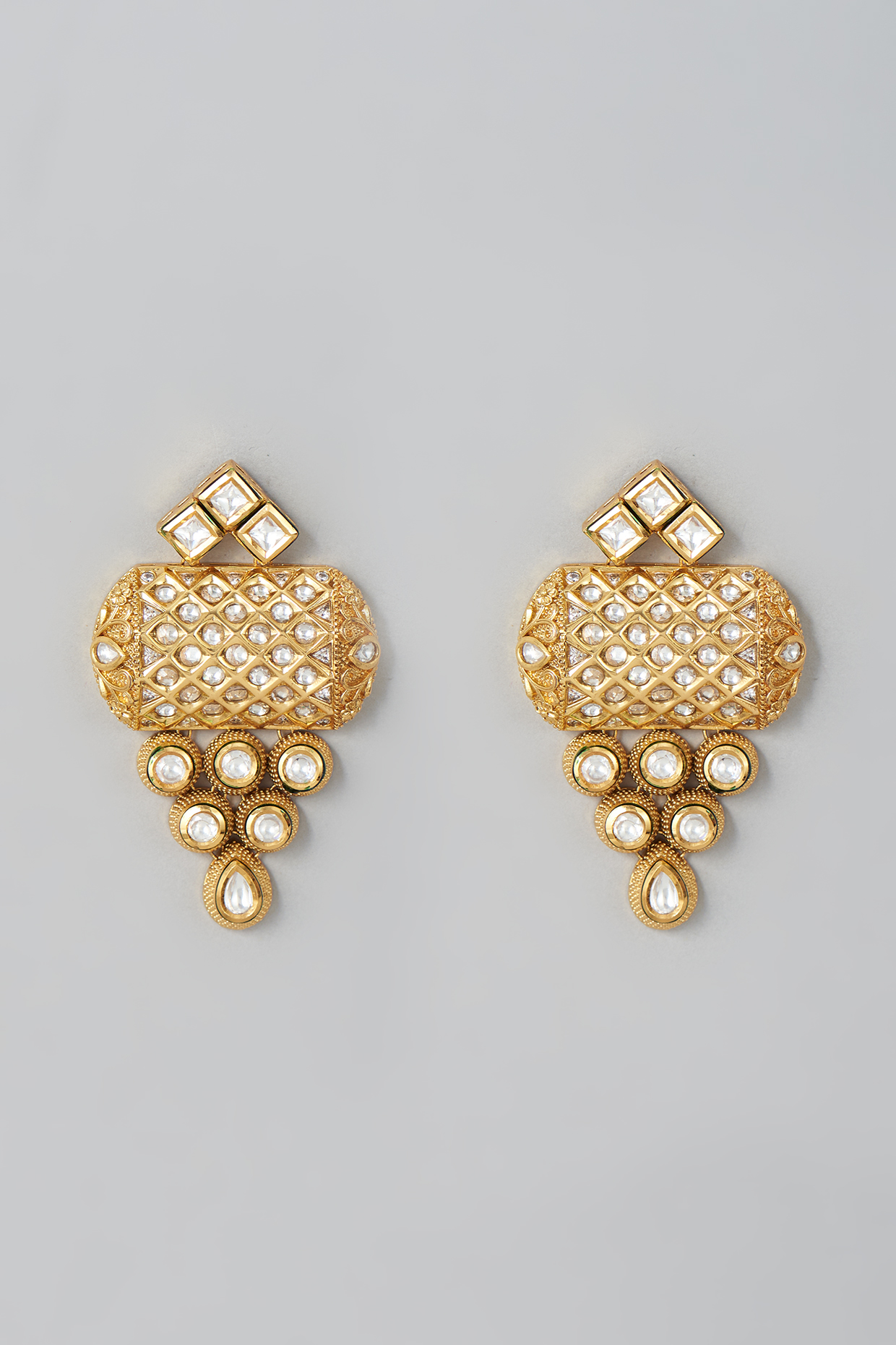 Gold Finish Kundan Polki Stud Earrings by Johori