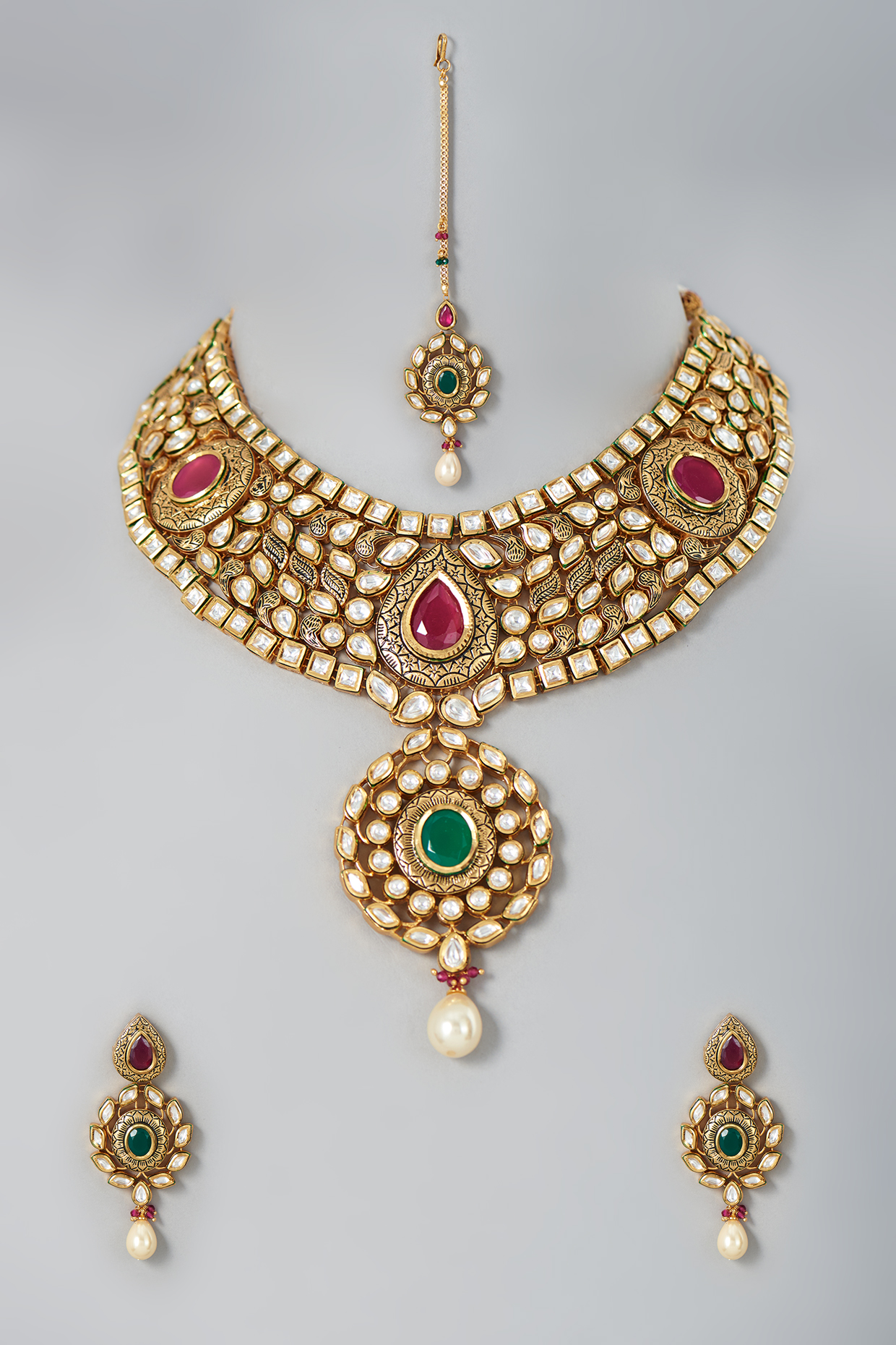 Gold Finish Red & Green Stone Necklace Set by Johori