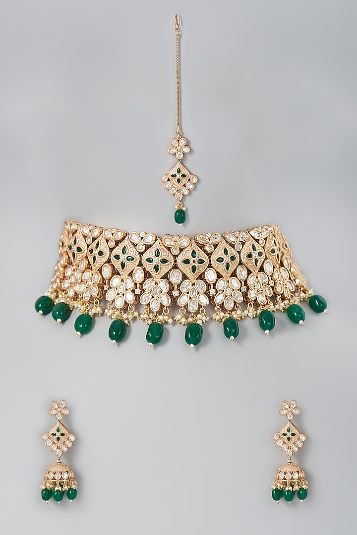 Gold Finish Green Stone & Pearl Choker Necklace Set by Johori