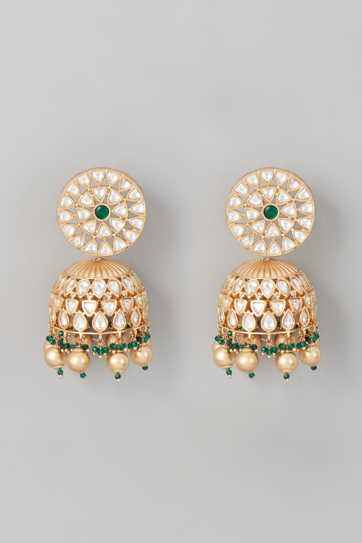 Gold Finish Jhumka Earrings With Kundan Polki by Johori