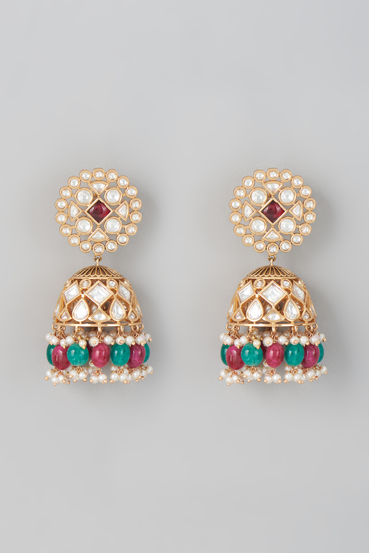 Gold Finish Multi-Colored Beaded Jhumka Earrings by Johori