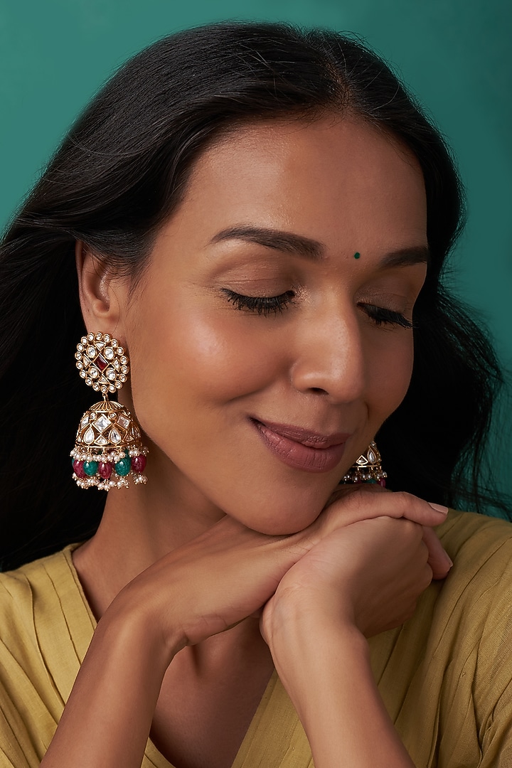 Gold Finish Multi-Colored Beaded Jhumka Earrings by Johori at Pernia's Pop Up Shop
