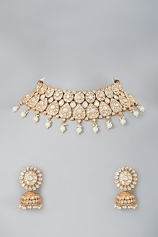 Gold Finish Kundan Polki & Pearl Choker Necklace Set by Johori