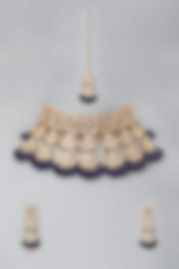 Gold Finish Kundan Polki & Blue Stone Chandbaali Necklace Set by Johori