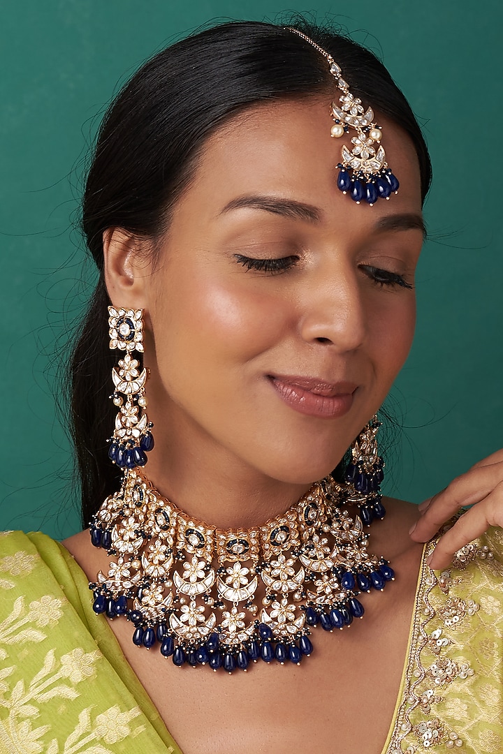 Gold Finish Kundan Polki & Blue Stone Chandbaali Necklace Set by Johori
