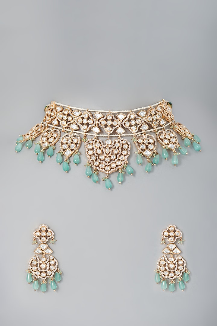 Gold Finish Kundan Polki & Mint Drop Choker Necklace Set by Johori at Pernia's Pop Up Shop