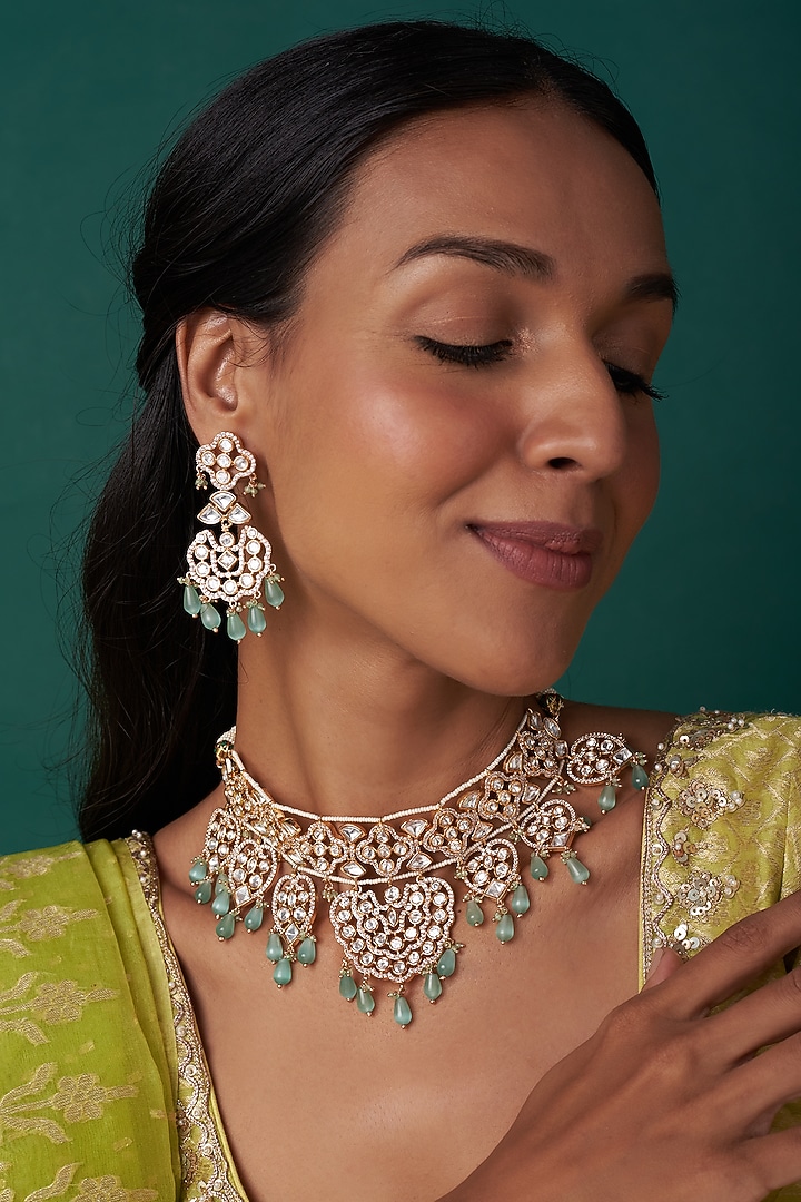 Gold Finish Kundan Polki & Mint Drop Choker Necklace Set by Johori at Pernia's Pop Up Shop