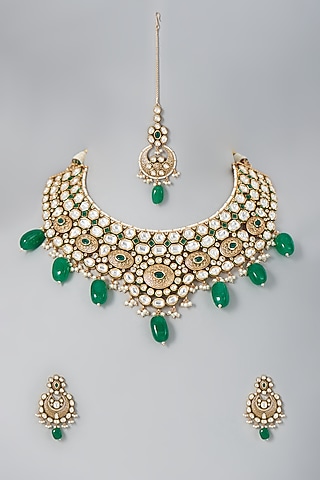 Gold Finish Green Stone & Pearl Necklace Set by Johori