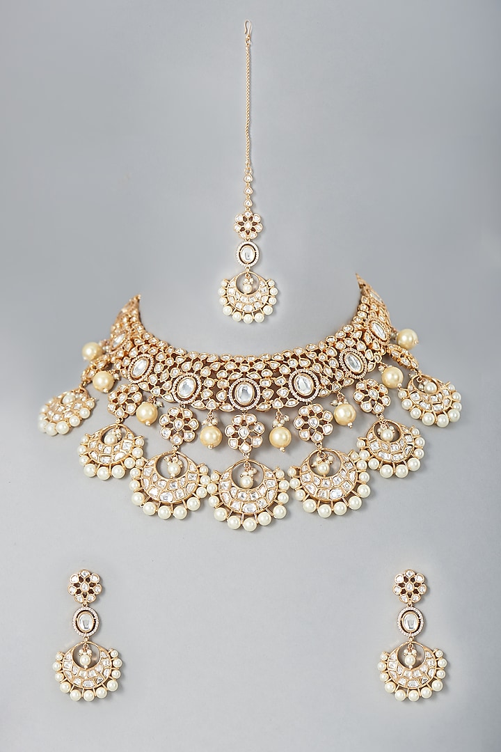 Gold Finish Kundan Polki & Pearl Choker Necklace Set by Johori