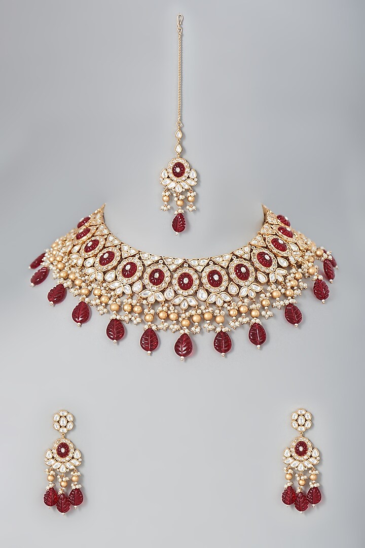 Gold Finish Ruby Carved Stone Choker Necklace Set by Johori