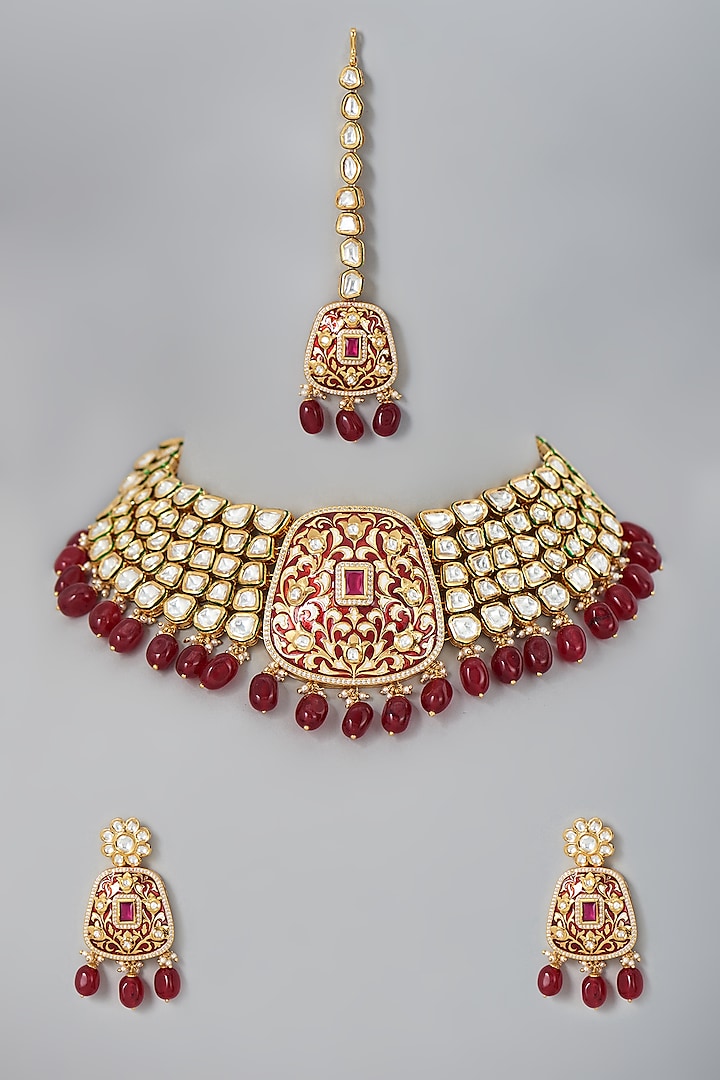 Gold Finish Maroon Beaded Choker Necklace Set by Johori