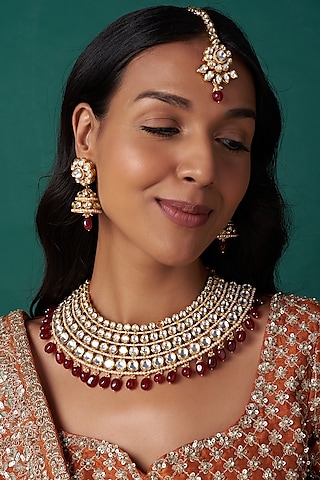 Gold Finish Ruby Beaded Choker Necklace Set by Johori