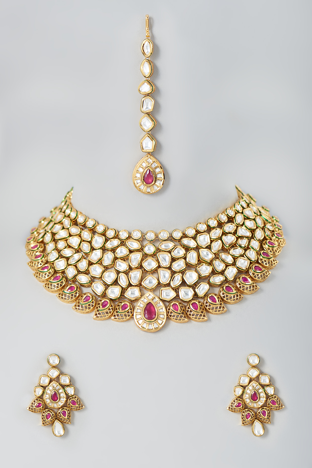 Gold Finish Uncut Kundan Polki & Ruby Stone Choker Necklace Set by Johori