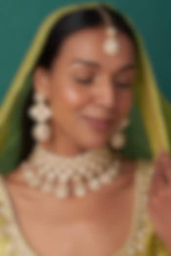 Gold Finish Kundan Polki & Pearl Choker Necklace Set by Johori at Pernia's Pop Up Shop