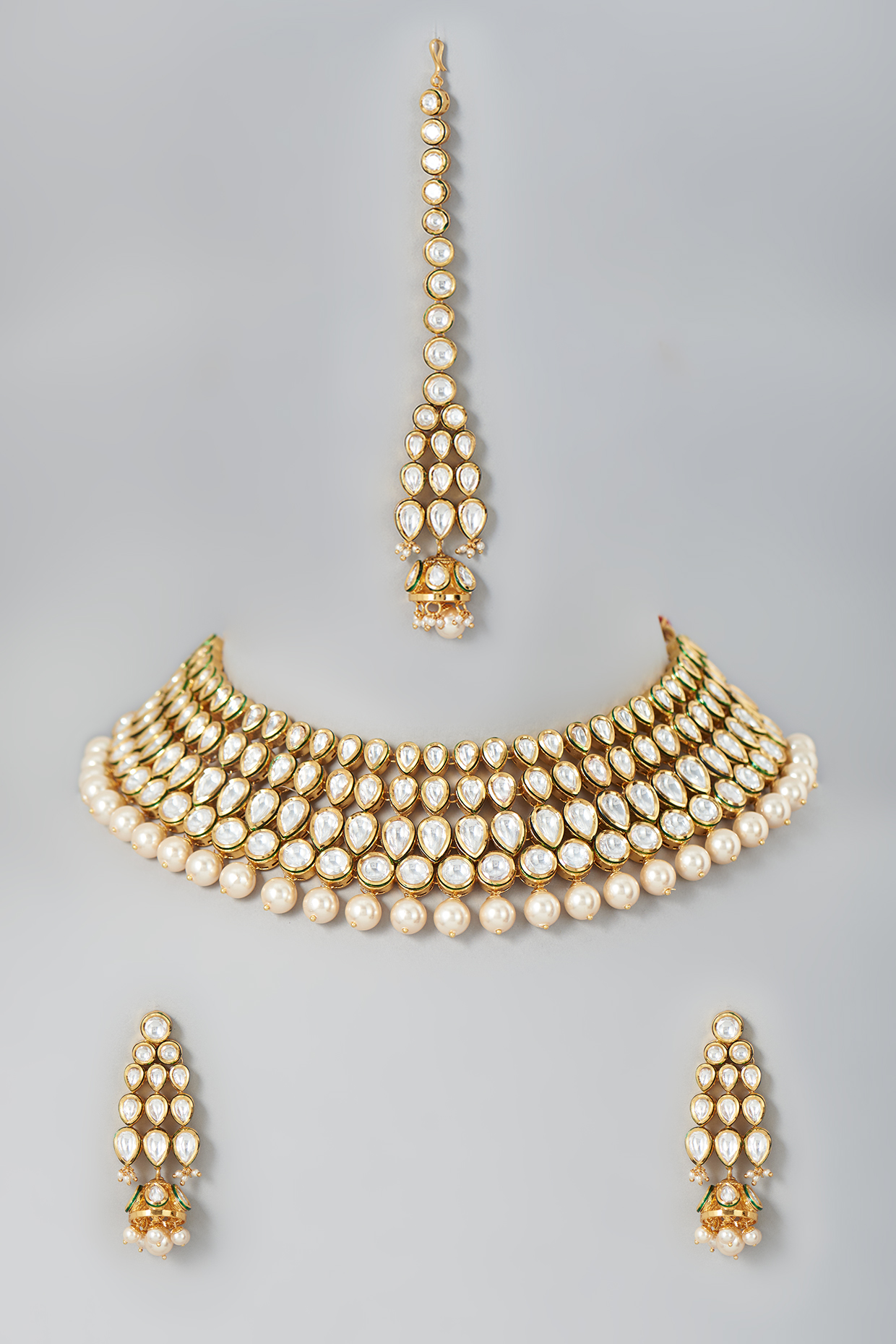 Gold Finish Kundan Polki & Pearl Choker Necklace Set by Johori