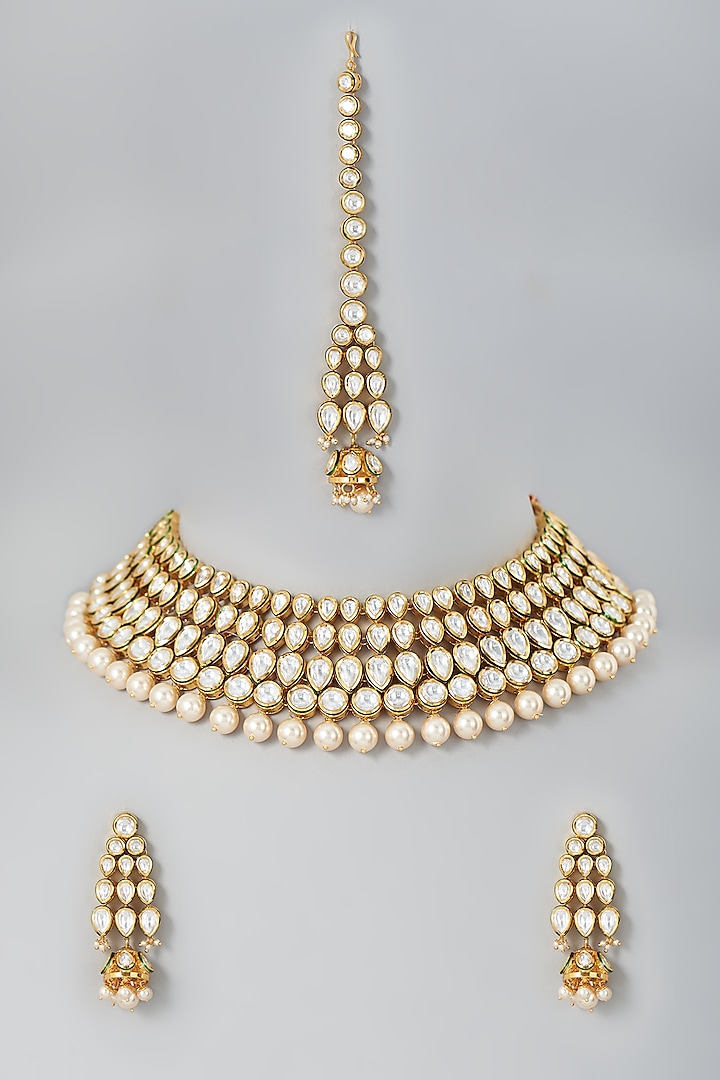 Gold Finish Kundan Polki & Pearl Choker Necklace Set by Johori