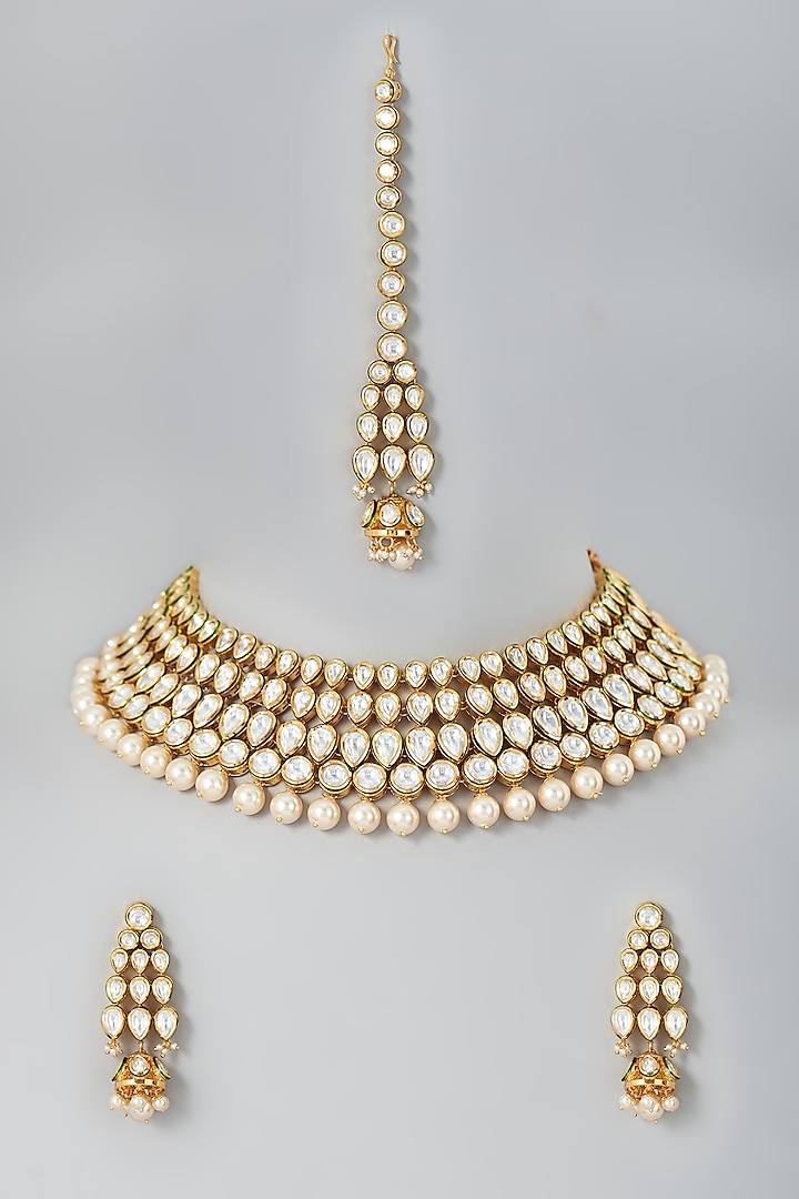 Gold Finish Kundan Polki And Pearl Choker Necklace Set Design By Johori