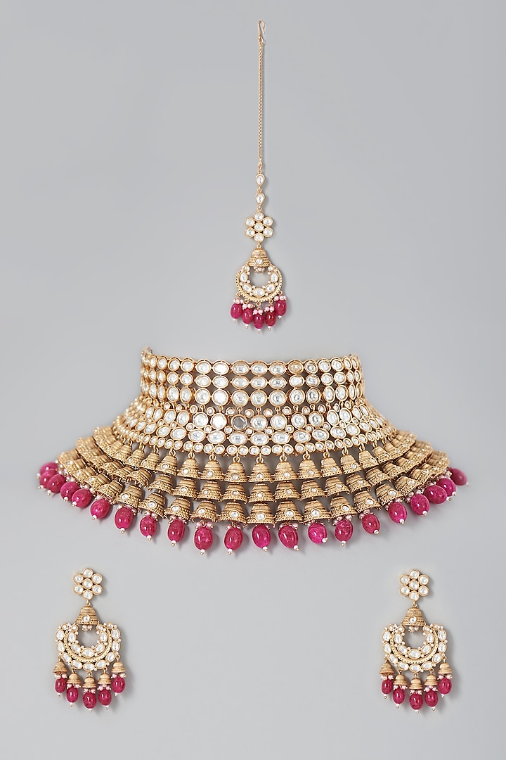 Gold Finish Ruby Beaded Choker Necklace Set by Johori