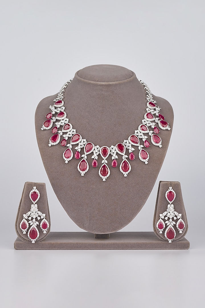 White Electro Rhodium Finish Cubic Zirconia & Red Stone Necklace Set by JOOLRY at Pernia's Pop Up Shop