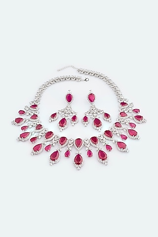White Electro Rhodium Finish Cubic Zirconia & Red Stone Necklace Set by JOOLRY