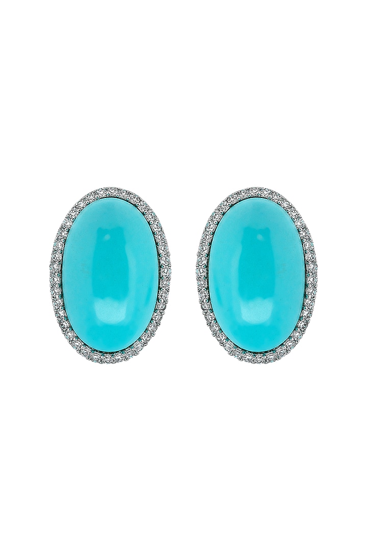 White Electro Finish Cubic Zirconia & Turquoise Stone Stud Earrings by JOOLRY