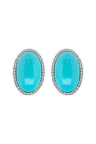White Electro Finish Cubic Zirconia & Turquoise Stone Stud Earrings by JOOLRY