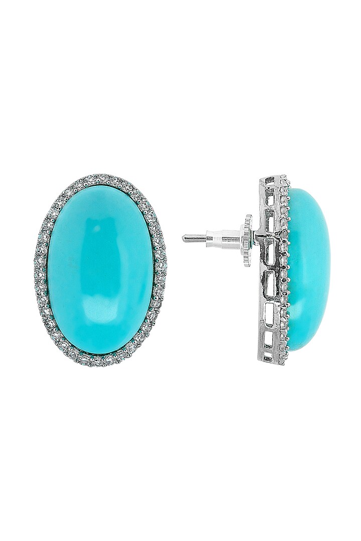White Electro Finish Cubic Zirconia & Turquoise Stone Stud Earrings by JOOLRY at Pernia's Pop Up Shop