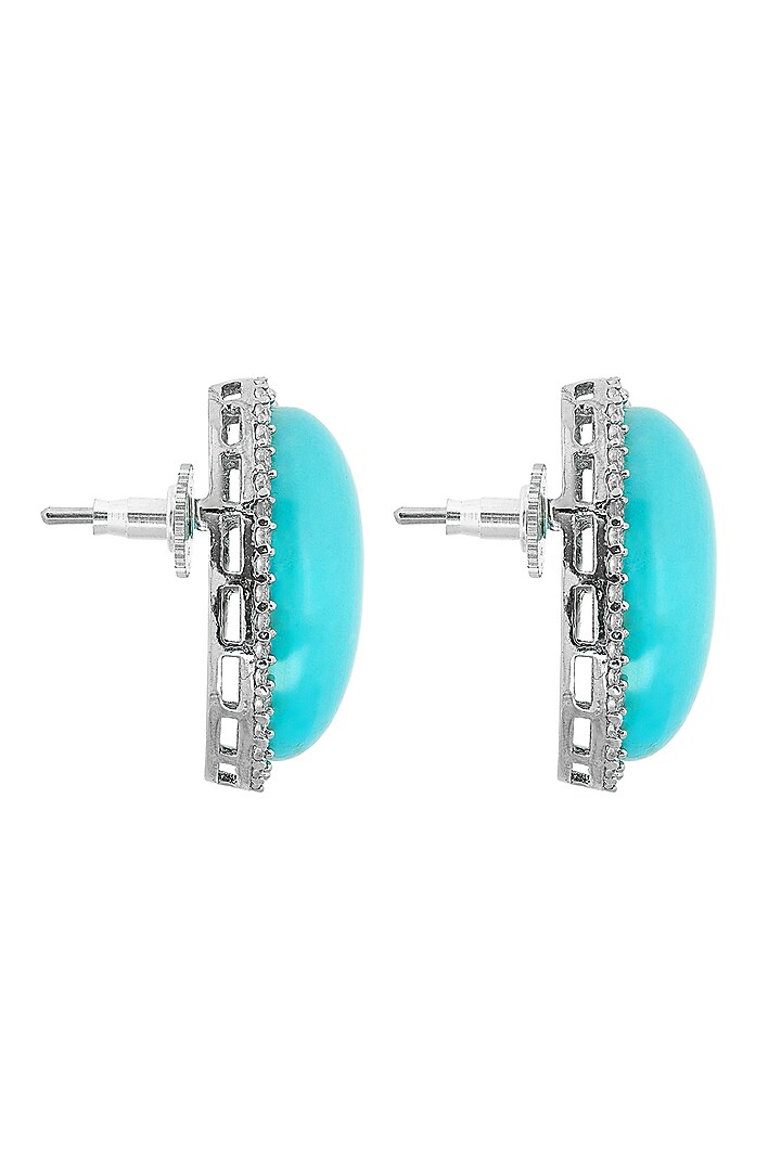 White Electro Finish Cubic Zirconia & Turquoise Stone Stud Earrings by JOOLRY at Pernia's Pop Up Shop