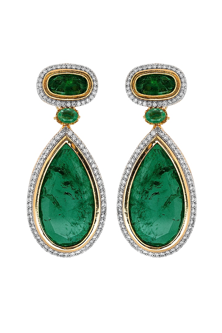 Gold Plated Zirconia & Green Stone Dangler Earrings by JOOLRY