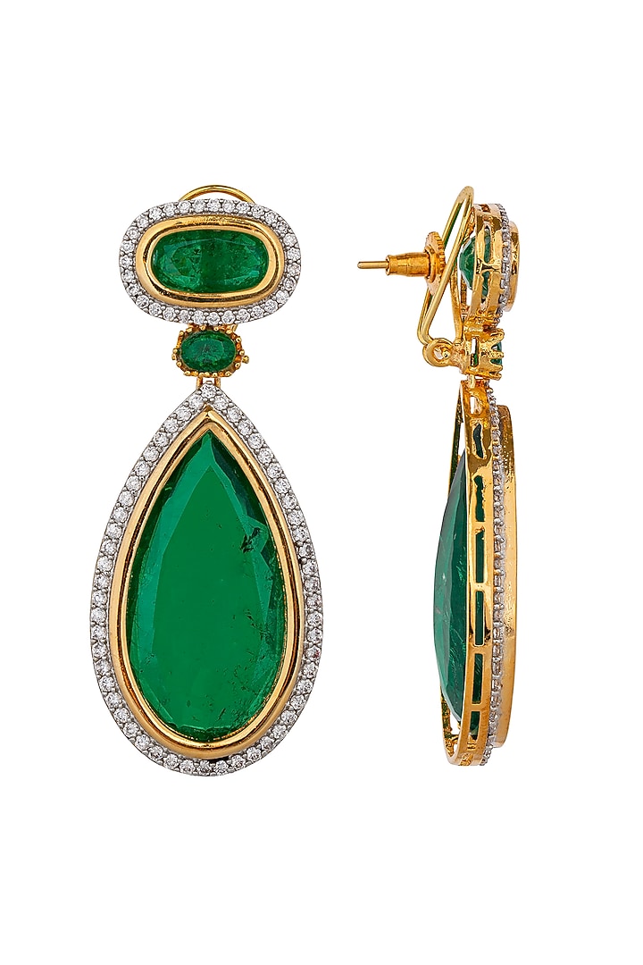 Gold Plated Zirconia & Green Stone Dangler Earrings by JOOLRY at Pernia's Pop Up Shop