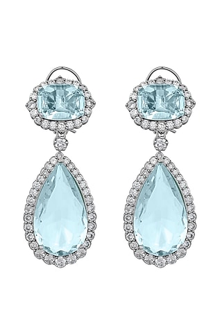 White Finish Cubic Zirconia & Aqua Stone Dangler Earrings by JOOLRY