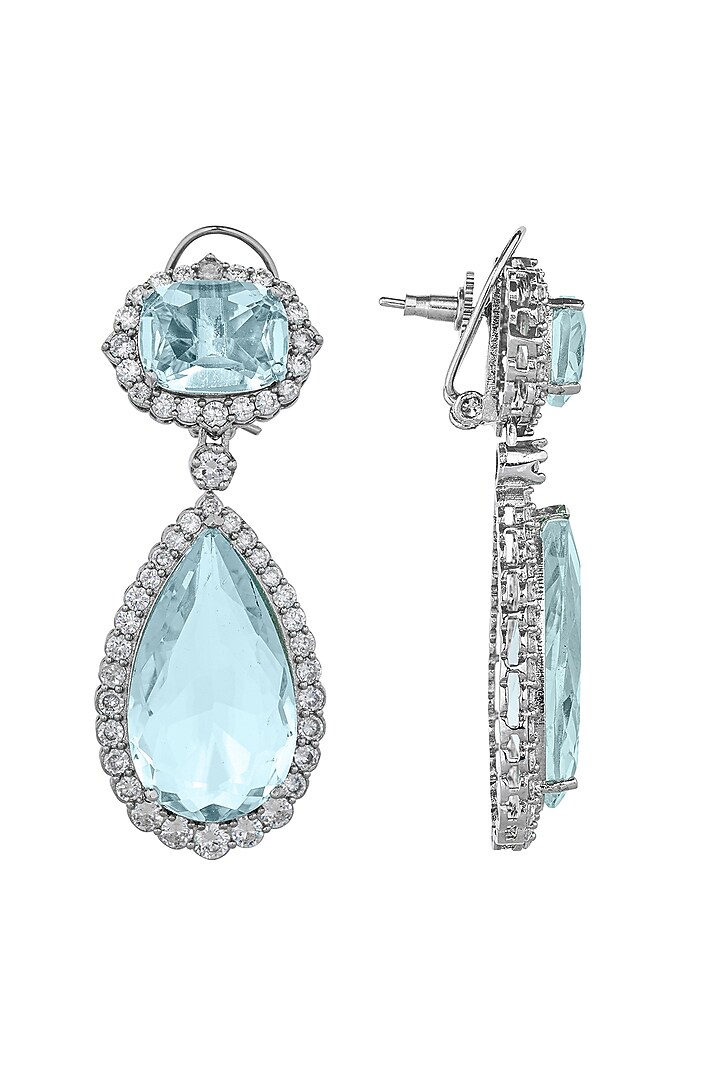White Finish Cubic Zirconia & Aqua Stone Dangler Earrings by JOOLRY at Pernia's Pop Up Shop