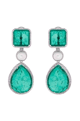 White Finish Green Doublet & CZ Stone Dangler Earrings by JOOLRY